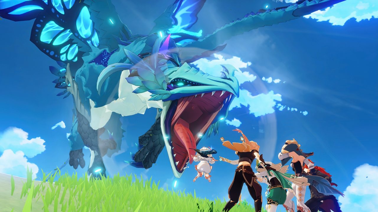 Screenshot from Genshin Impact featuring a large dragon, jaw agape, coming at the heroes.