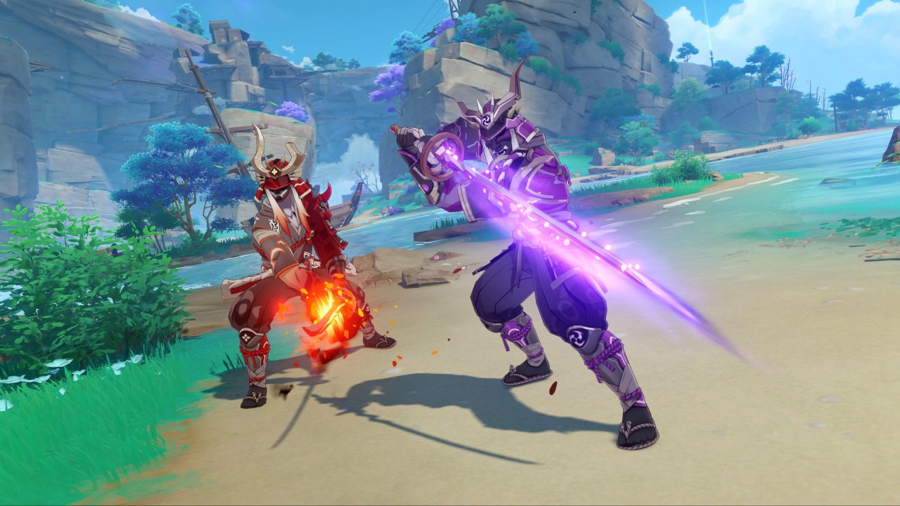 Two people holding weapons in Genshin Impact