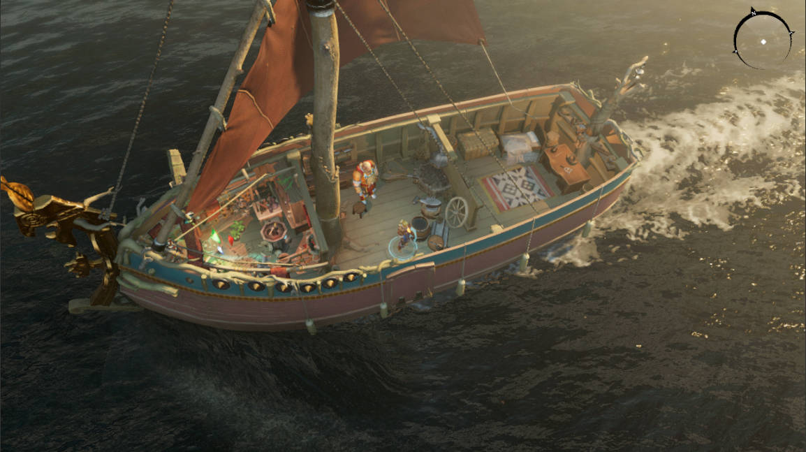 The heroes convene in Fireweed, a small but useful boat with a red sail in this Iron Danger screenshot.