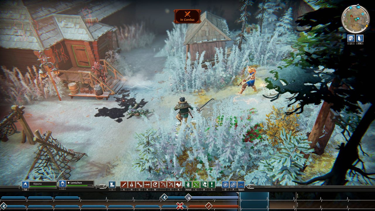 Iron Danger screenshot showing Kipuna casting a spell in a snowy forest, with a double heartbeat track at the bottom of the screen.