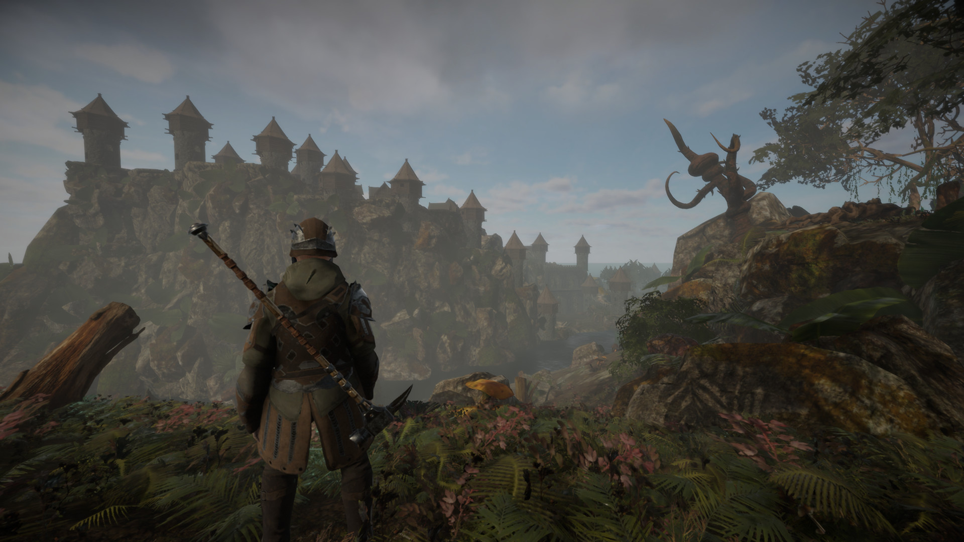 The player character, dressed in armor and wielding a sword, looks out upon the vast landscape in Isles of Adalar.