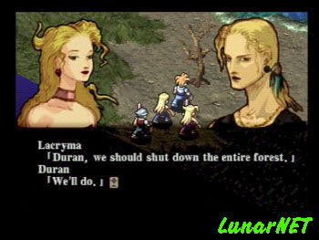 Kartia: The Word of Fate screenshot of a woman smiling, saying Duran, we should shut down the entire forest, to which Duran says, We'll do.
