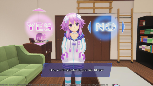 One of the CPUs comes to visit our world in a living room and asks if you like RPGs, with a prompt to say "yes" or "no"
