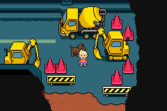 Lucas and Boney walking across a road with construction around in Mother 3.