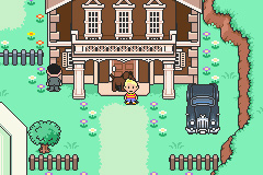 Lucas and Boney outside the Town Hall of Tazmily in Mother 3