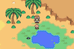 A screenshot of a monkey in front of a man at a desert oasis in Mother 3