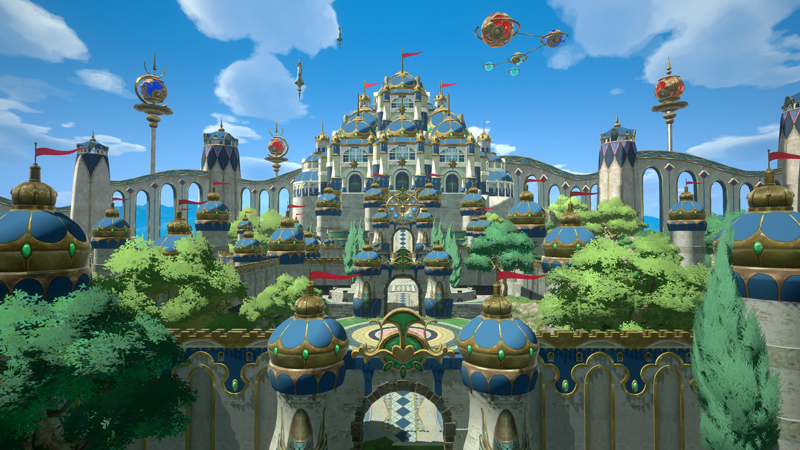 Ni no Kuni: Cross Worlds Screenshot of a massive majestic castle against a bright blue sky.