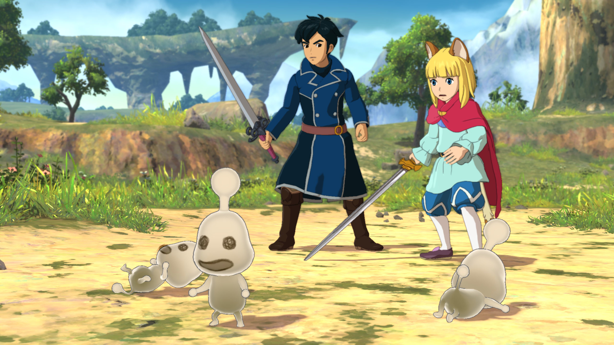 The heroes of Ni no Kuni II stand upon a grassy field, with pale spirits dancing in front of them that have squiggles for eyes.