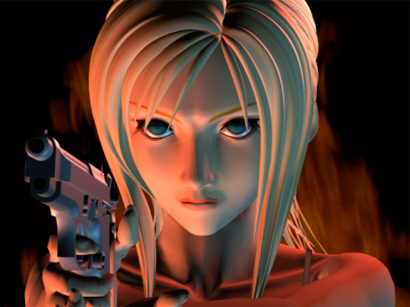 A screenshot from Parasite Eve of Aya pointing a gun.