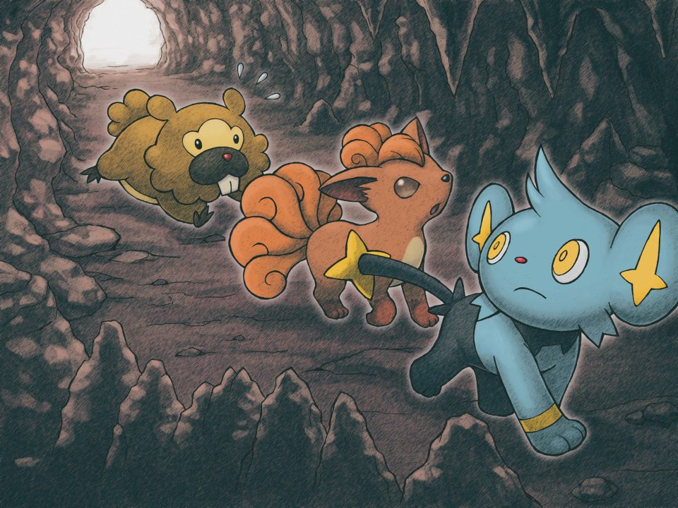 Explorers of Sky artwork depicting Shinx, Vulpix, and concerned Bidoof carefully making their way into a dark cavern.