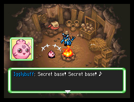 Pokémon Mystery Dungeon: Explorers of Sky screenshot featuring Igglybuff getting very excited about a secret base in a singsong voice.