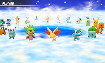Pokemon Super Mystery Dungeon Screenshot of Pokémon standing in a ring on the player select screen.