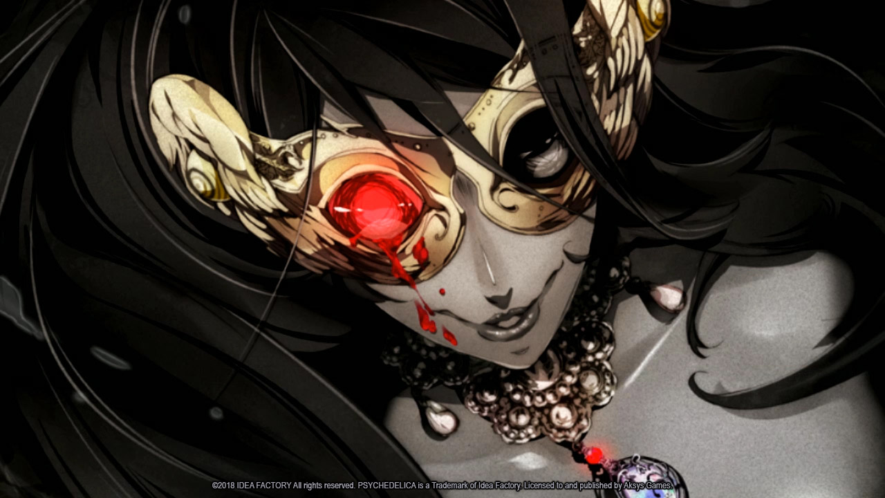 Close-up image of a woman with flowing black hair wearing a golden masquerade mask with a bloody red jeweled lens over one side.
