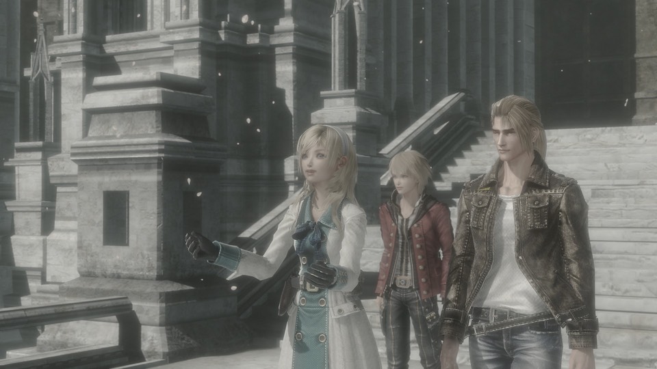 Resonance of Fate screenshot of two guys and a girl at the stairs of wha seems to be a massive stone building.