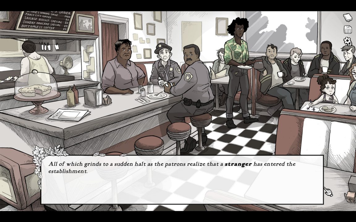 A crowd of people staring at you inside a diner.