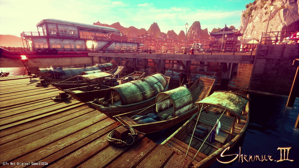 A pier and row of boats looks stunning to invite fishing in Shenmue 3.