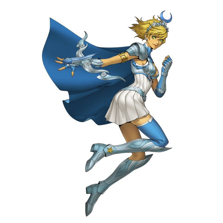 A screenshot of artwork depicting the goddess Artemis who is a blonde-haired young woman wearing silver and cloth armour, a resplendent blue cape billowing behind her.