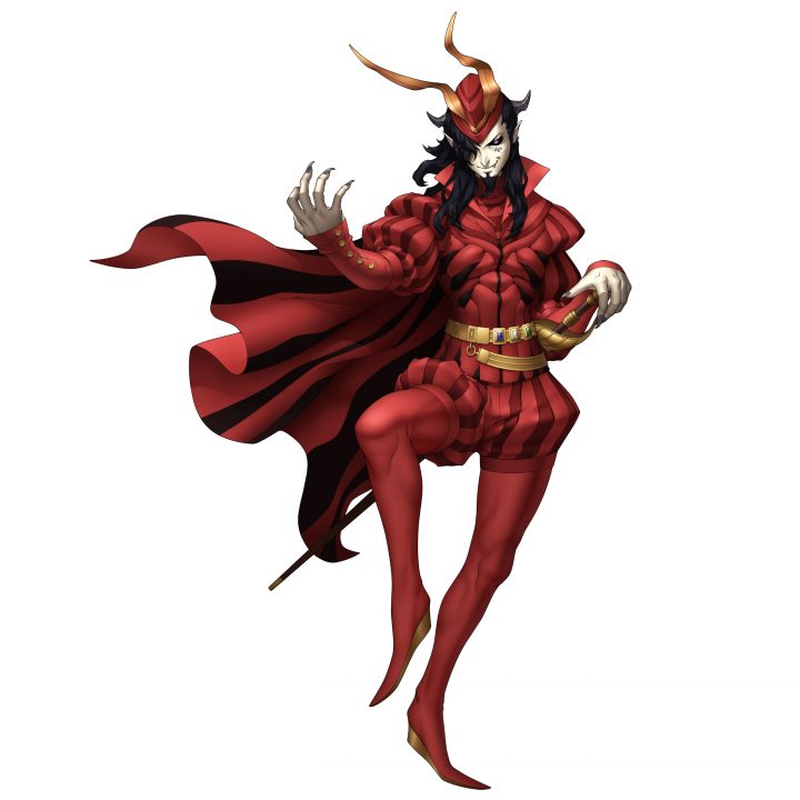 A screenshot depicting artwork of Mephisto who is masculine and clad in a red robe tailored to well-defined muscles and a small fedora perched on curving horns.