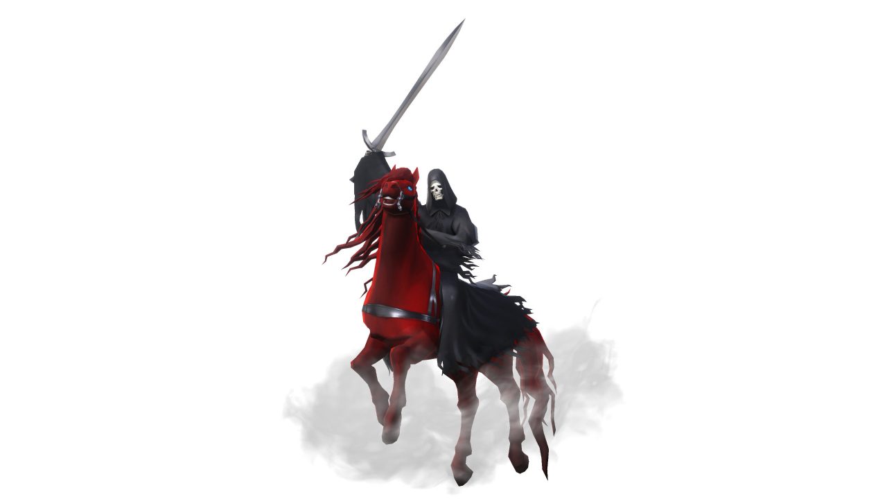 A screenshot of artwork depicting the Red Rider who is a skeleton riding a red horse, holding a greatsword above them.
