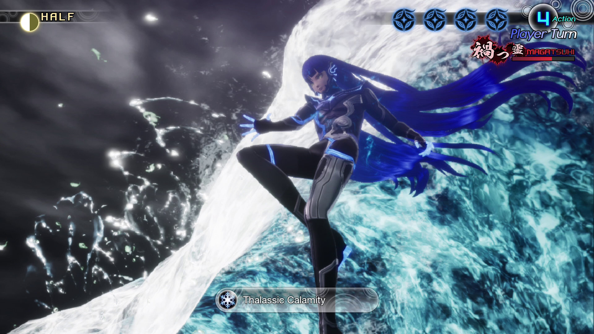 The Nahobino, protagonist of Shin Megami Tensei V, rides a blue and white tidal wave.
