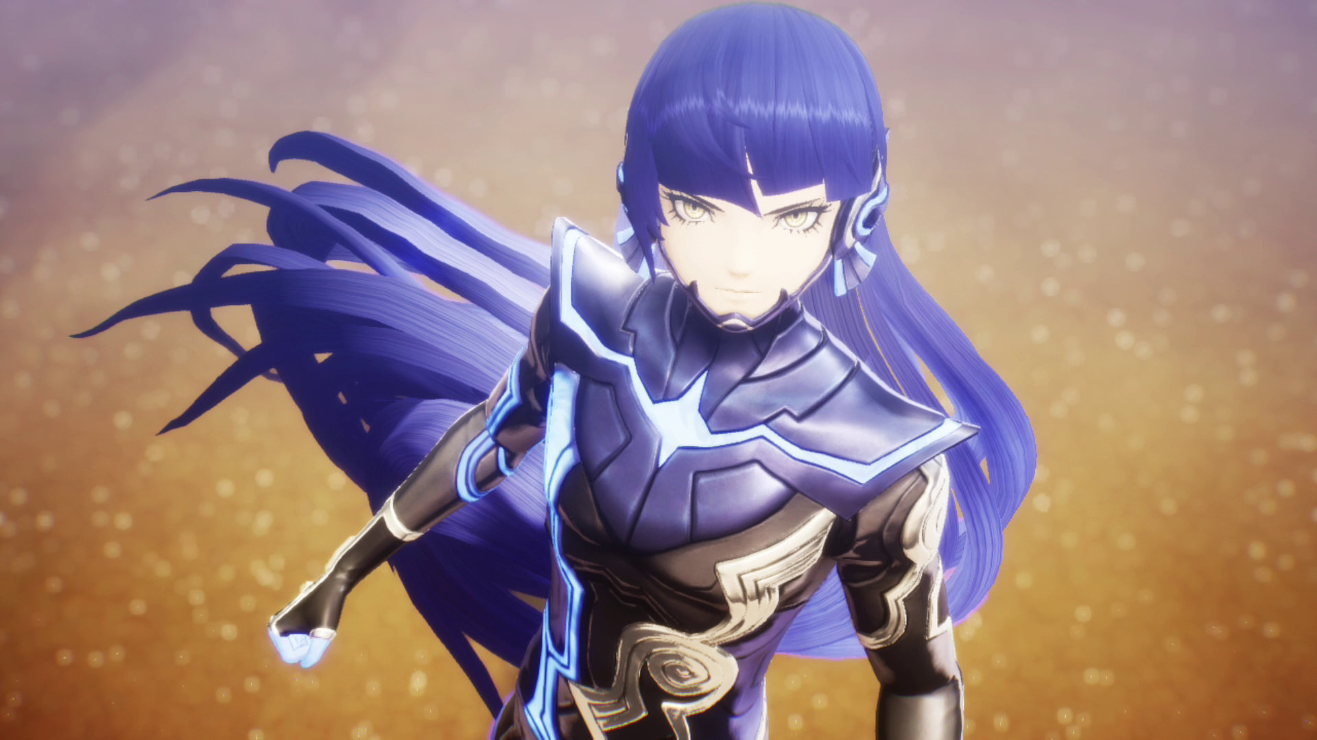 Shin Megami Tensei V screenshot of a character looking intently at the viewer with long, flowing indigo hair, a futuristic metallic bodysuit.
