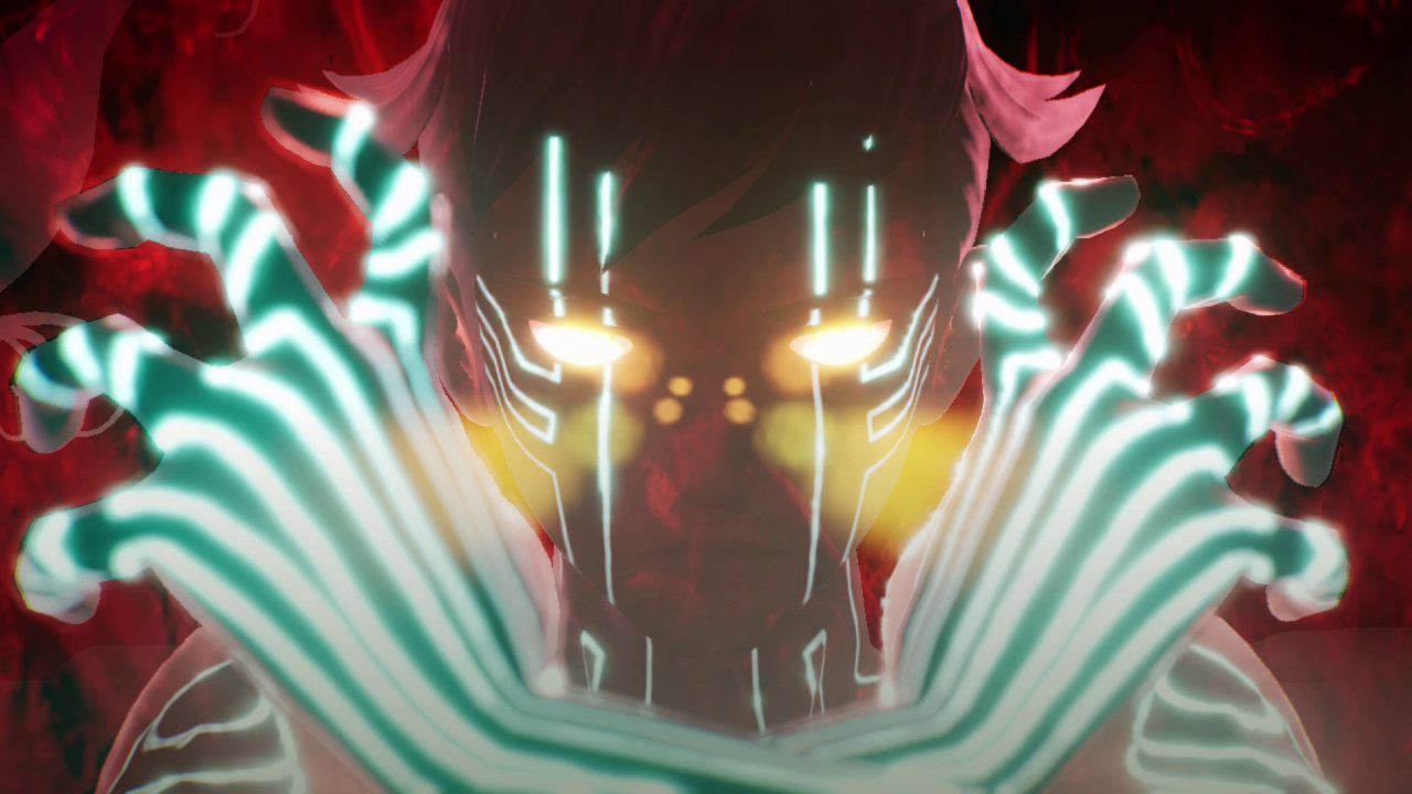 A screenshot depicting the Demi-Fiend of Shin Megami Tensei Nocturne powering up with their arms crossed, lit up in wires made of light.