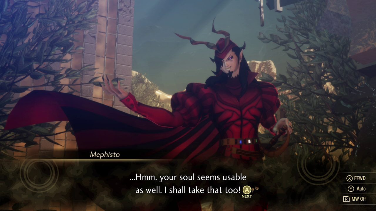 A screenshot of the Fiend Mephisto stating ...Hmm, your soul is usable as well. I shall take that too!