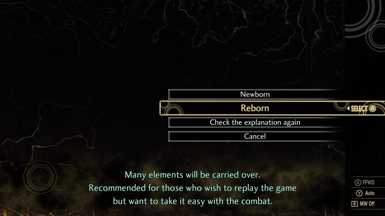 A screenshot depicting the Reborn option for a second playthrough.
