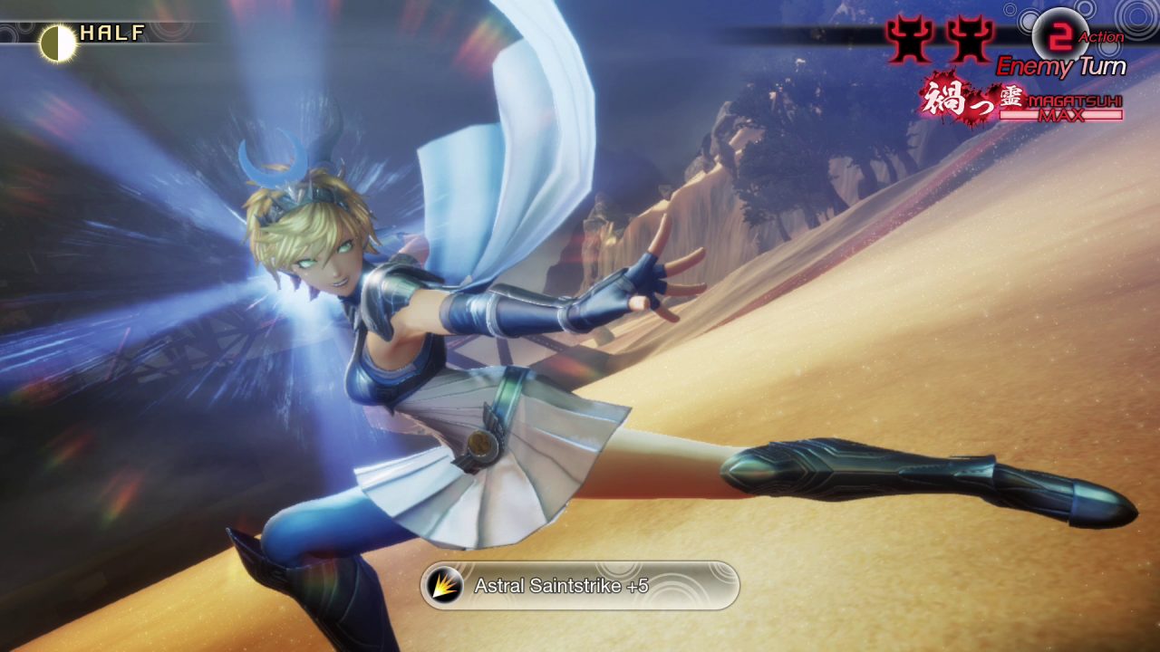 A screenshot of the goddess Artemis utilising a special move known as an Astral Sainstrike +5.