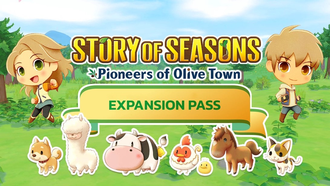 Story of Seasons Pioneers of Olive Town Expansion Pass Artwork featuring male and female farmers and a lineup of cute animals.