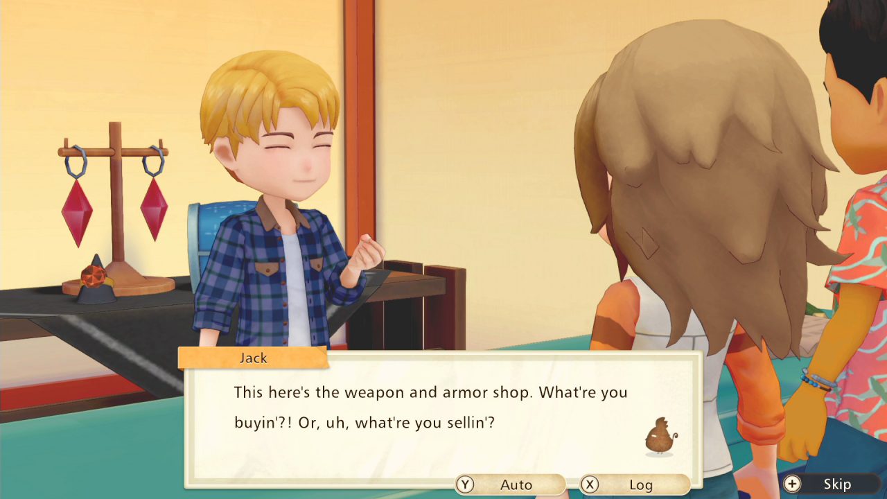 Story of Seasons: Pioneers of Olive Town screenshot featuring Jack telling the player and Emilio, "This here's the weapon and armor shop. What're you buyin'?! Or, uh, what're you sellin'?"