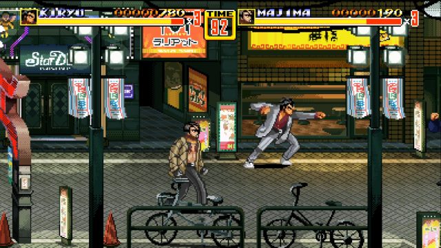 Streets of Kamurocho screenshot of a 16-bit Kiryu and Majima in a side-scrolling brawler on the streets.