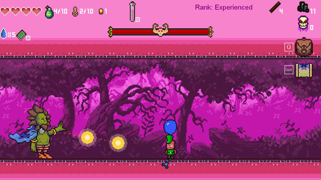 The hero stands pensively with a blue balloon over his head as a green monster fires light orbs against a purplish wooded background in Throne of Fate.
