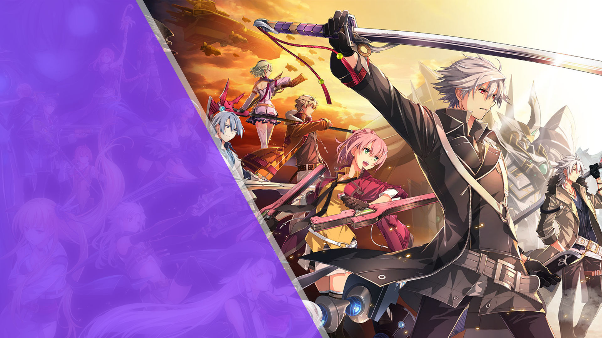 Twitch purple banner with the Cold Steel IV cast on the right brandishing their weapons.