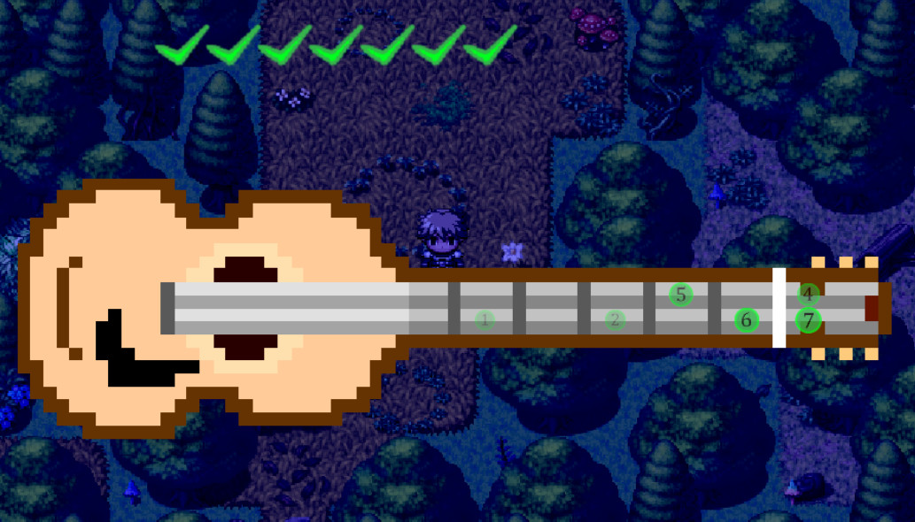 A guitar in the foreground of a dirt path in Tuneria.
