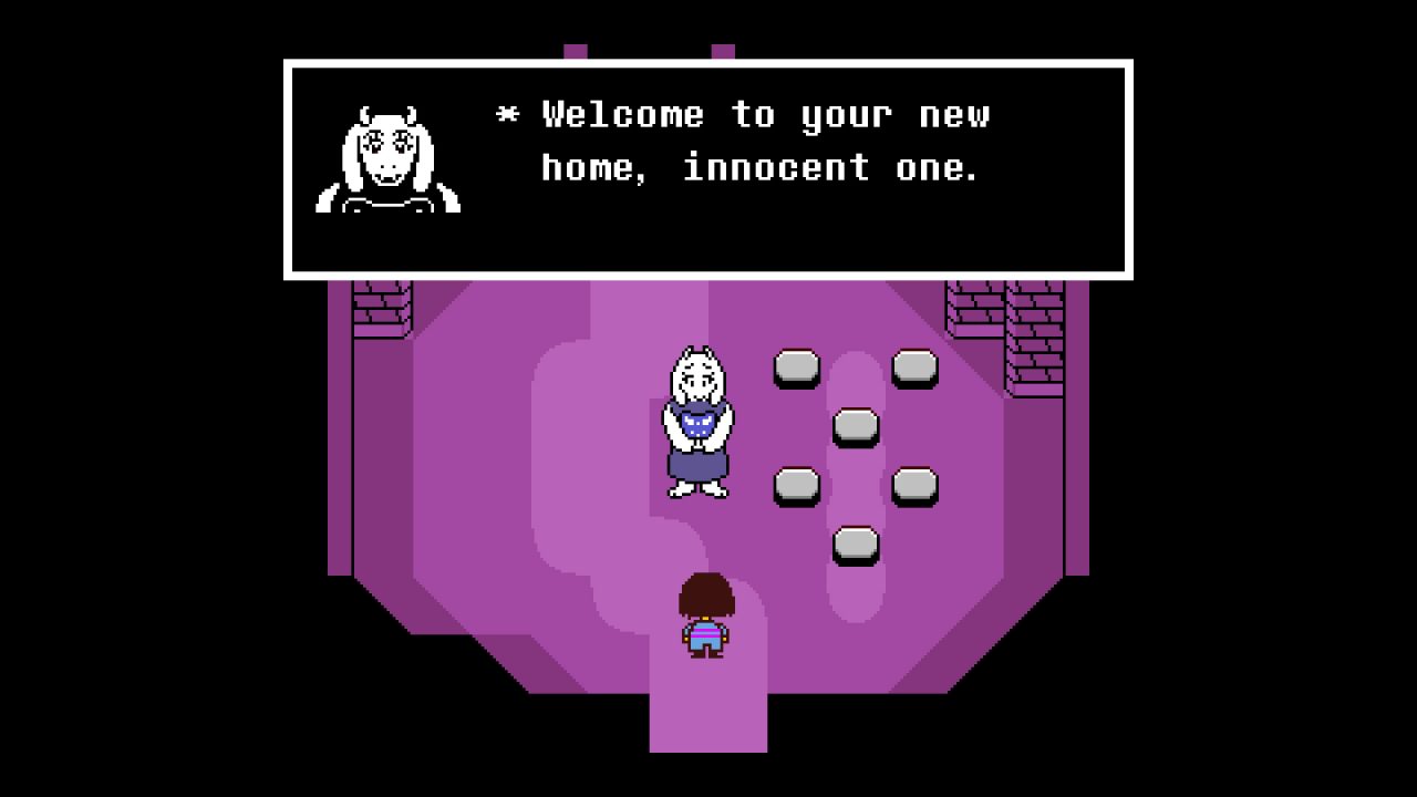 Undertale Screenshot of the goat-like Toriel welcoming the player with the text, Welcome to your home, innocent one.