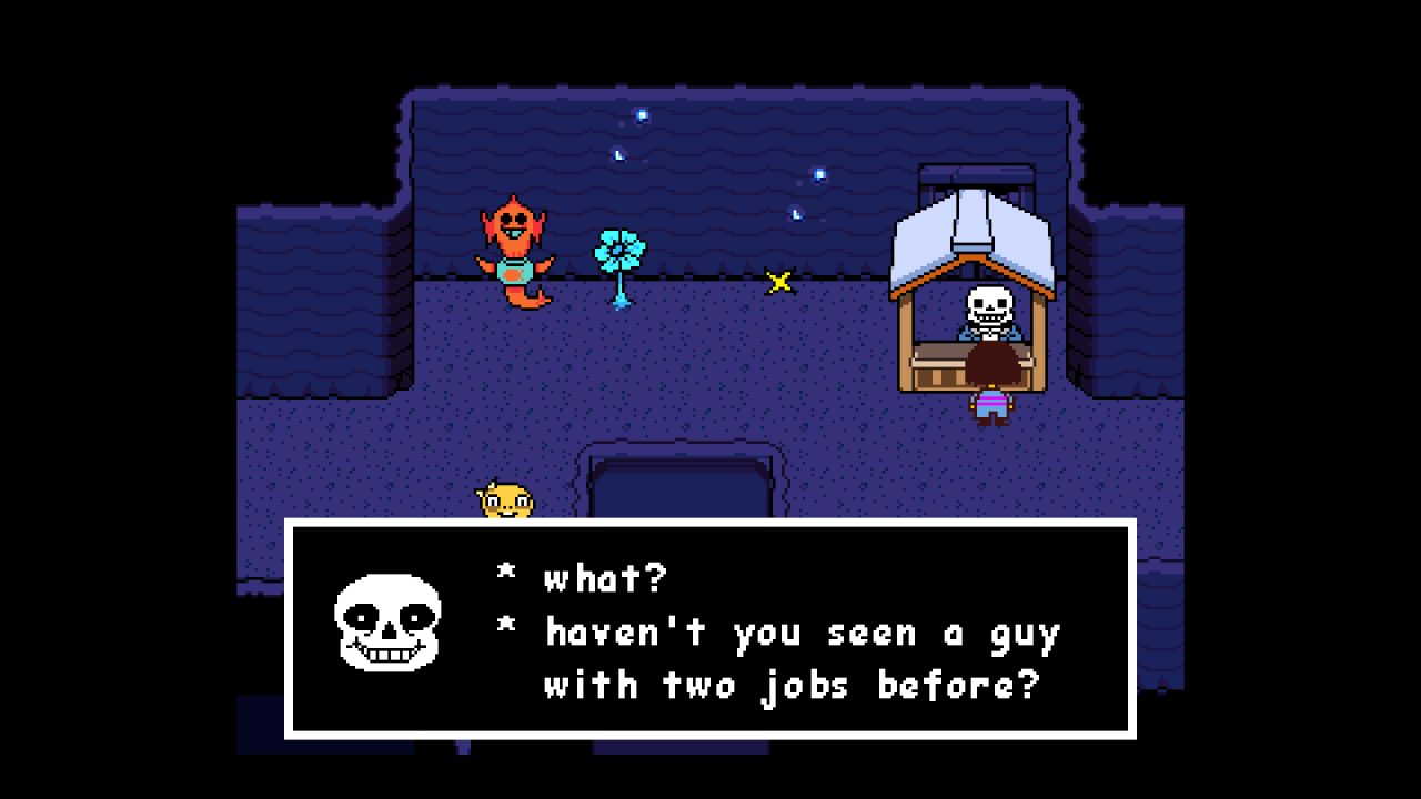 Undertale screenshot of Sans working at a booth in a cave