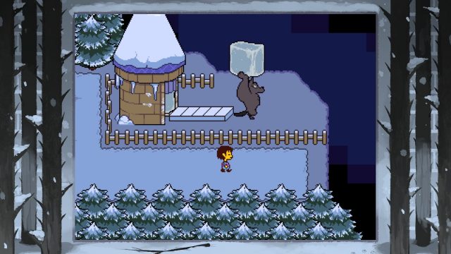 The Undertale protagonist walks along a fence in a snowy landscape near Snowdin.