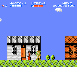 Zelda II The Adventure of Link Screenshot of Link in a basic town next to a woman in a dress in front of a small gray stone house.