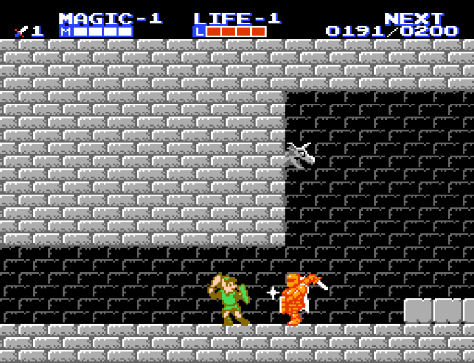 Link fighting an Ironknuckle in Zelda II.