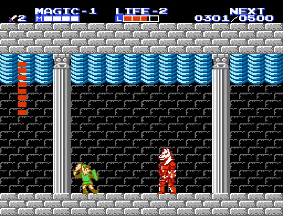 Link facing off against Horsehead, the first boss of Zelda II.