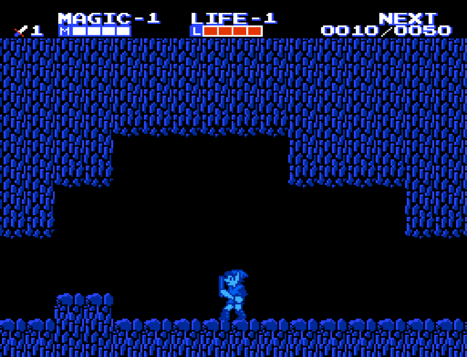 Link exploring a dark cave in Zelda II without a light to guide his path. 