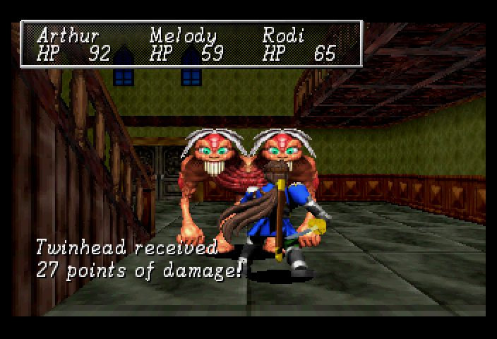 The hero faces a twinhead in the dungeon hallway and does 27 points of damage.