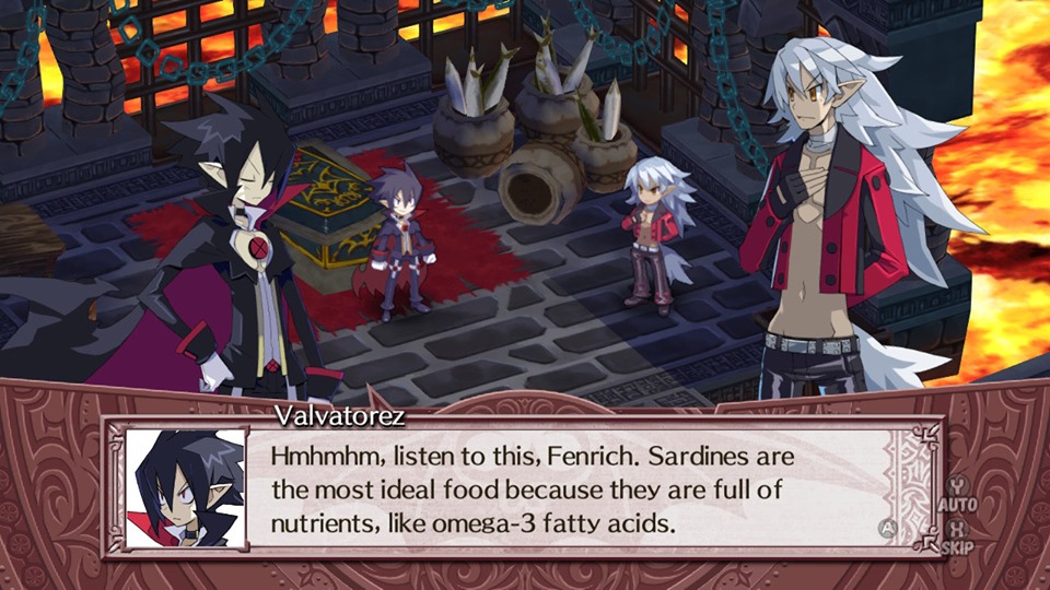 Valvatorez makes a quip to a character with long gray hair.