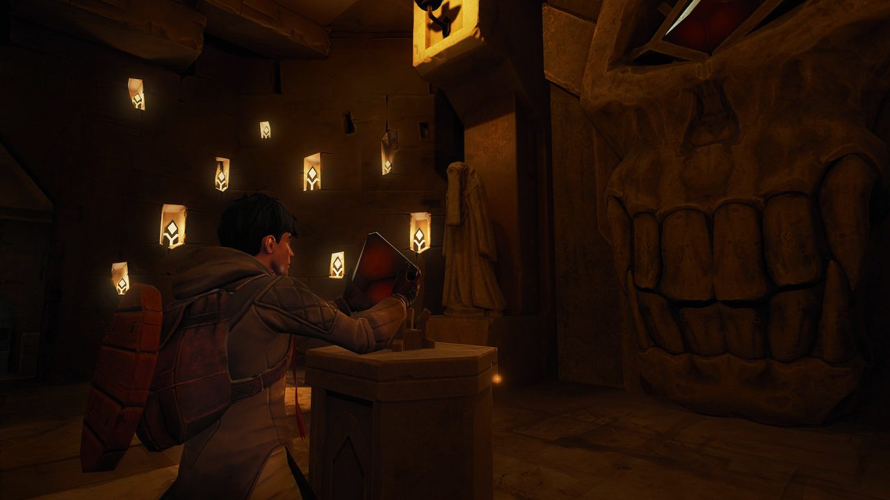A man inspects a mystic mirror inside a tomb in Chronos: Before the Ashes.