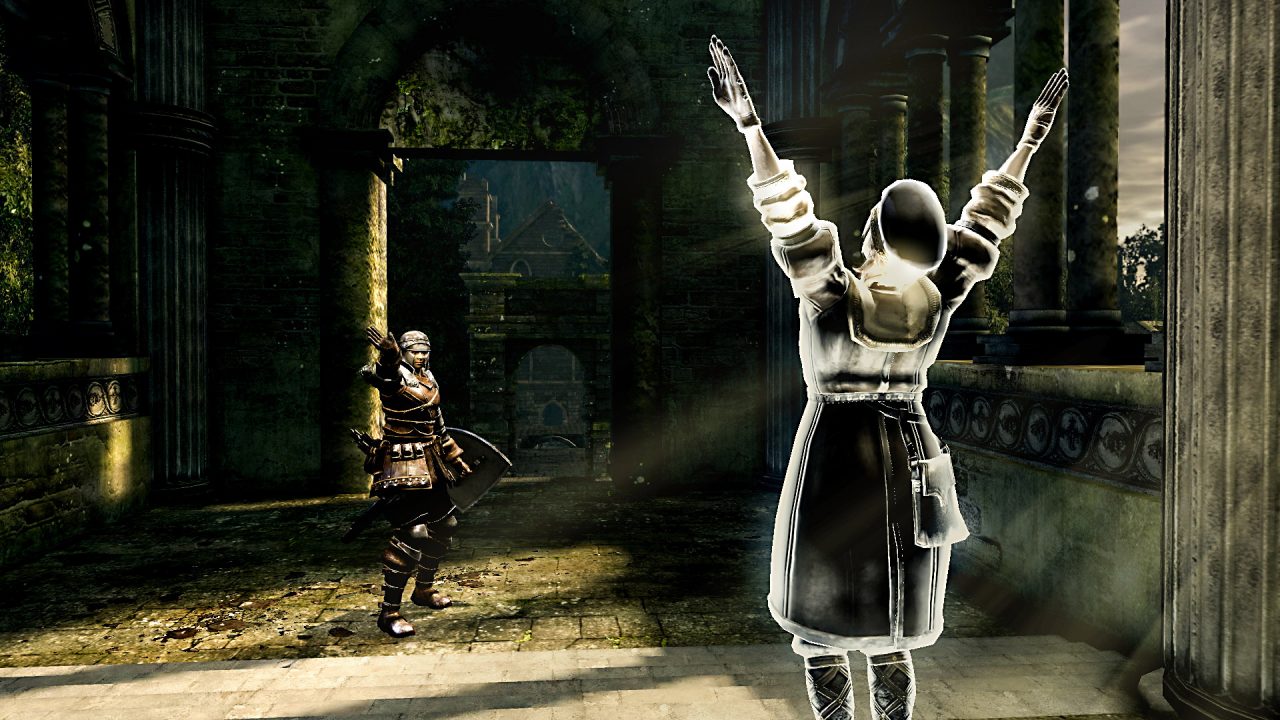 Dark Souls Remastered Screenshot of the "Praise the Sun" pose with arms outstretched.