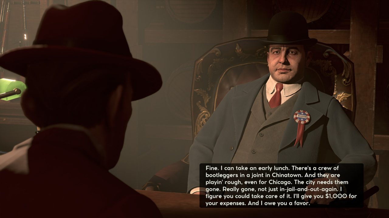 The player character strikes a deal with the mayor of a city in Empire of Sin.