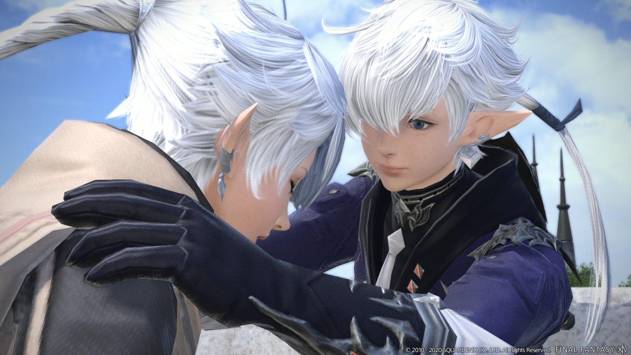 Screenshot From Final Fantasy XIV Shadowbringers Featuring Alisae And Alphinaud embracing