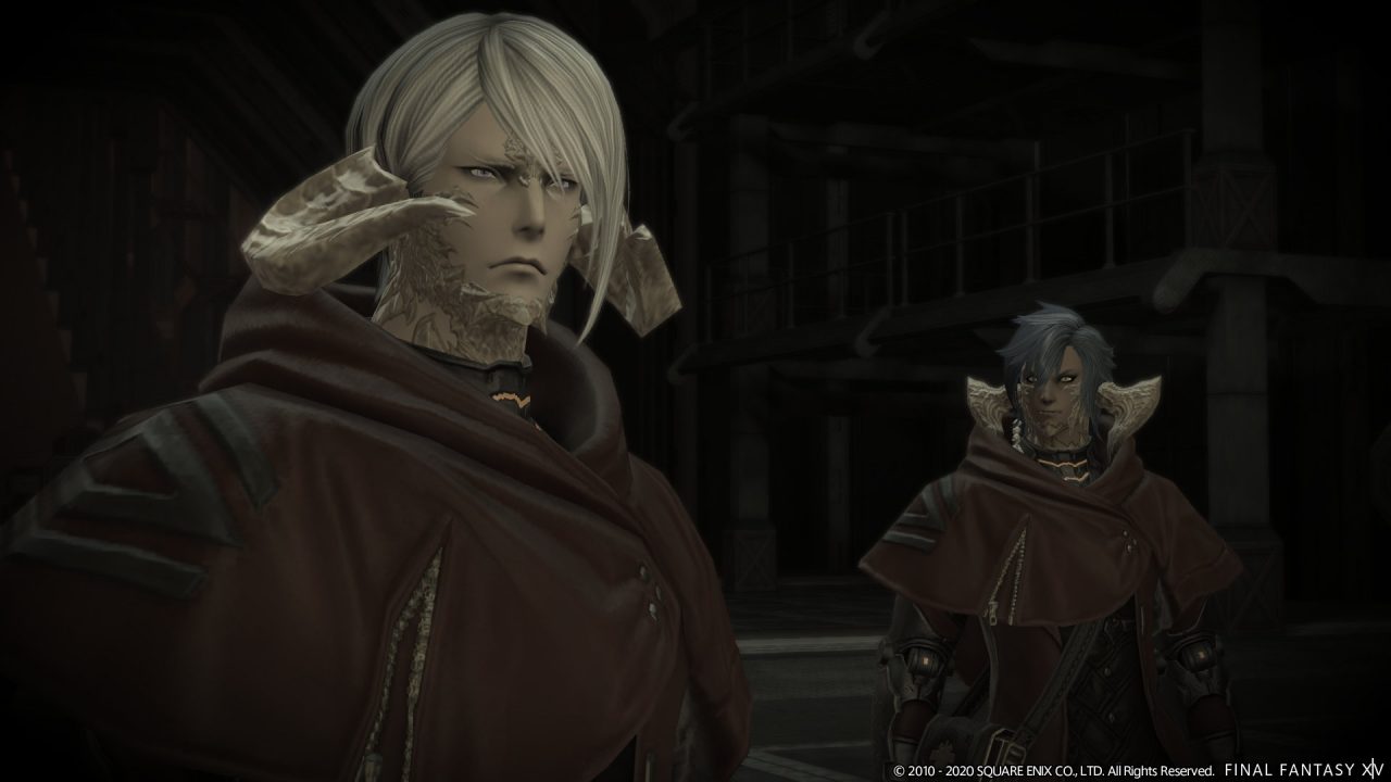 Screenshot From Final Fantasy XIV Featuring Two Au Ra Characters with Horns Looking Pensive.