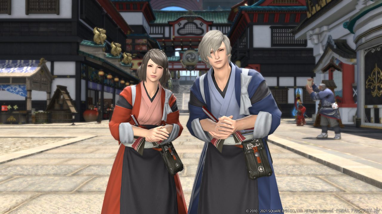 Final Fantasy XIV Shadowbringers screenshot of two Hyur wearing Kugane garbs in Kugane